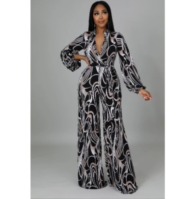 Printing Loose Long Sleeve Lace-up Wide-leg Jumpsuit NSXLY119208