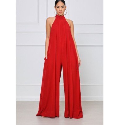 Sleeveless Loose Wide-leg Hanging Neck Solid Color Chiffon Jumpsuit NSXLY119202