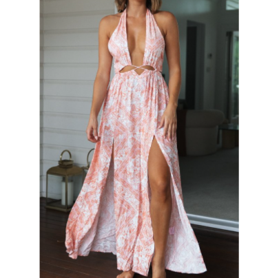 Printing Halter Neck Pink Slit Long Dress NSJKW119157