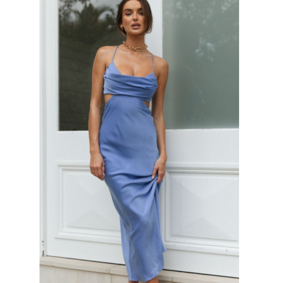 Solid Color Pile-up Collar Hollow Open-back Dress NSJKW119159