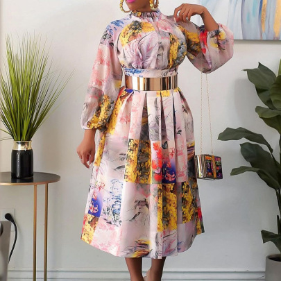 High Waist Print African Style Long Sleeve Dress With Belt NSATL119292