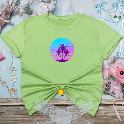 Short-sleeved Round Neck Simple Beach Print T-shirt NSYIS120524