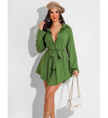 Solid Color Waist Tie Long Sleeve Shirt Dress NSXLY119214
