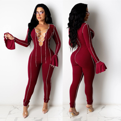 Sexy Solid Color Long Flared-sleeved V-neck Hollow Jumpsuit  NSFSX119465