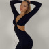 long-sleeved V-neck lace-up waistless slit solid color dress NSGBH119500
