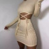 Semi-turtleneck long sleeve lace-up slim solid color top and skirt set NSGBH119501
