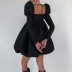 French retro solid color square neck long puff-sleeved dress  NSSSN119615
