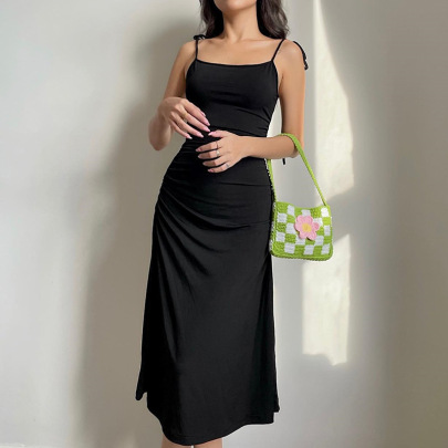 Black Sexy Backless  Side Pleated Sling Dress  NSSSN119617