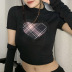 love print fungus edge contrast color round neck exposed navel T-shirt with a pair of oversleeve  NSSSN119624