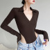 brown long-sleeved lapel deep V threaded jumpsuit  NSSSN119629