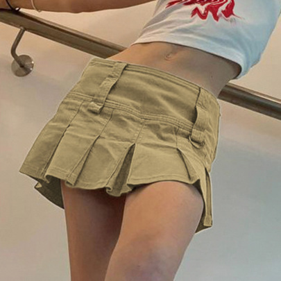 Retro Khaki Low Waist Pleated Mini Skirt NSSSN119642