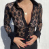 spring solid color perspective lace long-sleeved lapel shirt  NSCBB119674