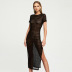 solid color round neck short-sleeved see-through lace long dress  NSCBB119681