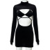 black suede hollow low-cut short dress and long-sleeved top two-piece set  NSCBB119684