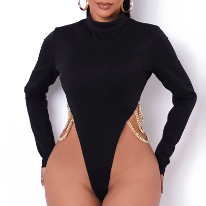 Solid Color Sexy Long-sleeved Round Neck Gold Chain Jumpsuit NSCBB119689