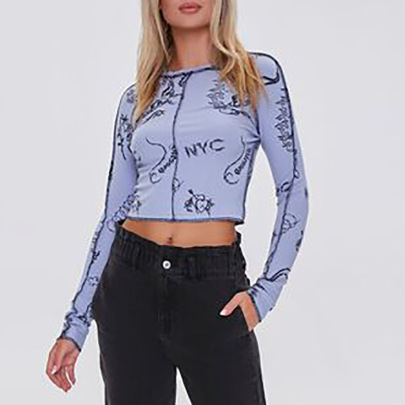 Printed Round Neck Long Sleeves Cropped Slim Bottoming Tops NSBLS119719
