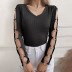 V-neck steel ring stitching hollow long-sleeved top NSBLS119720