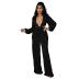 casual long-sleeved v neck waistless wide-leg solid color jumpsuit NSXLY119733