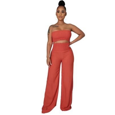 Casual Tube Top Backless High Waist Wide-leg Solid Color Top And Trousers Suit NSXLY119734