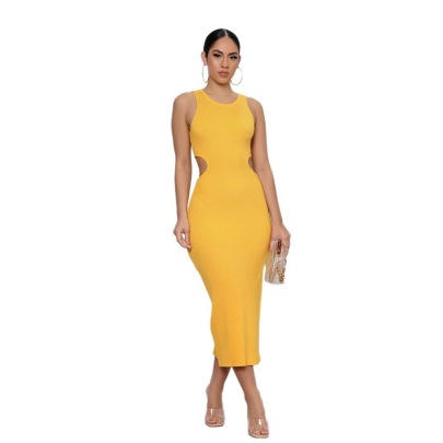 Tight Sleeveless Round Neck Hollow Slit Solid Color Dress NSXLY119737