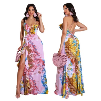 Print Sling Backless Lace-up Low-cut Ruffle Slit Dress NSXLY119749