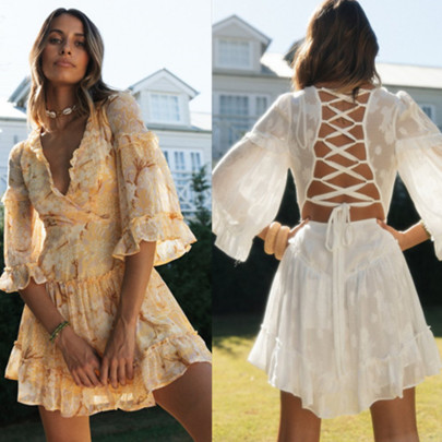 V-neck Trumpet Sleeves Lace-up Printed Dress NSJKW119827