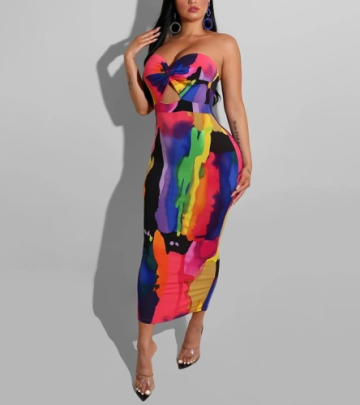 Print Backless Hollow Tube Top Slit Tight Dress NSXLY119210