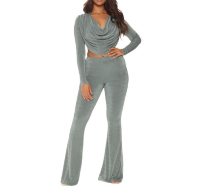 Long Sleeve Low-cut Slim Solid Color Velvet Top And Pant Set NSXLY119201