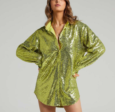 Solid Color Sequined Lapel Long-sleeved Shirt Dress  NSBLS119350