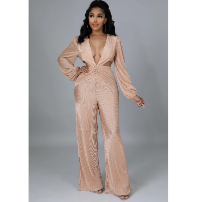 Casual Long-sleeved V Neck Waistless Wide-leg Solid Color Jumpsuit NSXLY119733