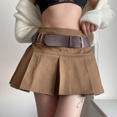 Spring Solid Color High-waist Pleated Skirt With Belt NSSSN119625