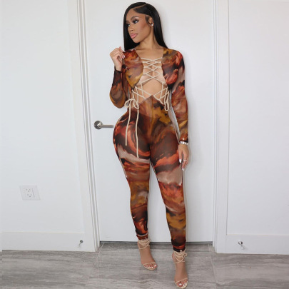Long-sleeved Tie-Dye Drawstring Hollow Jumpsuit  NSFSX119463