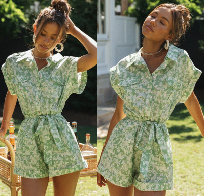 Short Sleeve Printed Single-breasted Waist Lace Up Jumpsuit NSJKW119815