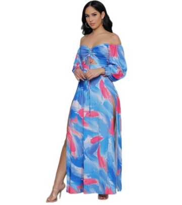 Printed Casual One-shoulder Long Sleeve Hollow Drawstring Slit Dress NSXLY119747