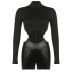 solid color PU leather stitching turtleneck long-sleeved hollowed-out slim fit jumpsuit NSRUI119901