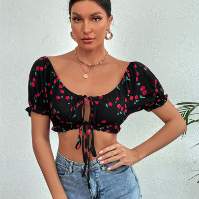 Black Puff Short-sleeved Cherry Printed Lace-up Top  NSDF119913