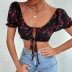 black puff short-sleeved cherry printed lace-up top  NSDF119913