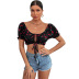 black puff short-sleeved cherry printed lace-up top  NSDF119913
