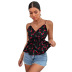 black sleeveless cherry print ruffled camisole  NSDF119914