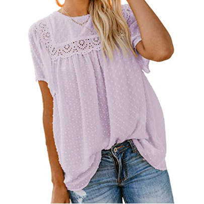 Solid Color Short-sleeved Lace Crochet Short-sleeved Chiffon Top NSYDJ119939