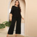 Plus size solid color round neck mesh three-quarter sleeve top wide-leg pants lounge set NSWCJ119968