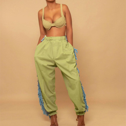 Loose Fringed Edge Stitching High-waisted Solid Color Pant NSWDS120016