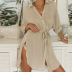 cotton and linen buttons lace-up lapel mid-sleeved slit dress NSONF120044