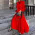 long sleeve lace-up bow slim large swing solid color dress NSONF120050