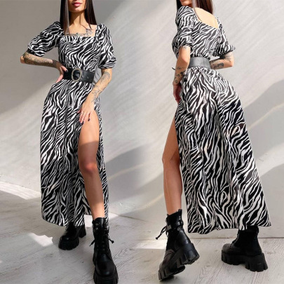 Zebra Print Long Sleeve Slit Dress NSONF120069