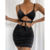 solid color hollow low-cut package hip camisole and pleated skirt two-piece set NSZY120104