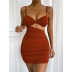 solid color low-cut hollow pleated package hip short sling dress NSZY120105