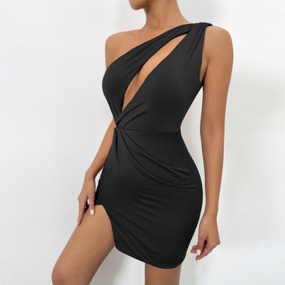 Solid Color Sexy Sleeveless One Shoulder Hollow Package Hip Tight Dress NSZY120112