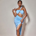 blue single shoulder tube top top and package hip slit skirt two-piece set NSZY120123