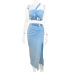 blue single shoulder tube top top and package hip slit skirt two-piece set NSZY120123